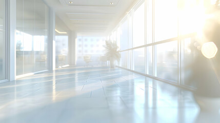 Spacious Office Hallway Overlooking Urban Skyline
