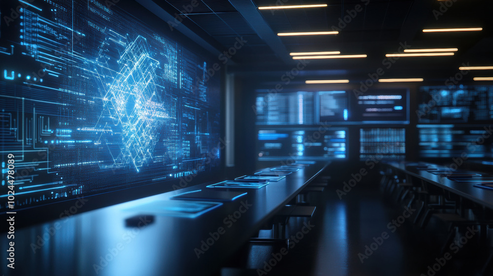 Poster high tech workspace featuring holographic display and digital interfaces, ideal for innovation and c