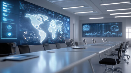 High tech conference room featuring holographic display with world map and data visualizations. modern design creates innovative atmosphere for collaboration and presentations