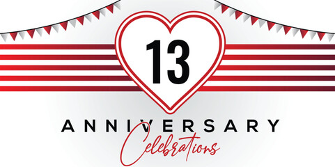 Happy 13th anniversary card vector template with lovely heart shape.	