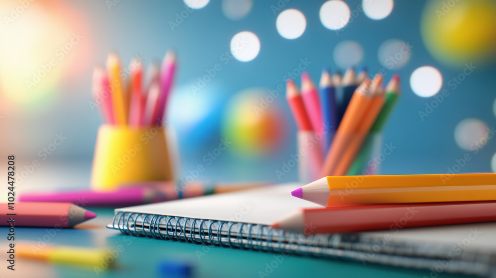 Poster creative workspace with colorful pencils and sketchpads, perfect for artistic expression and inspira