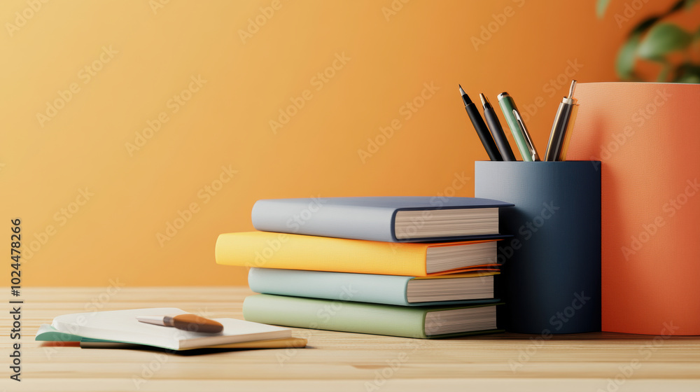 Poster stack of colorful notebooks with digital pen and stylus on wooden desk, creating vibrant workspace a