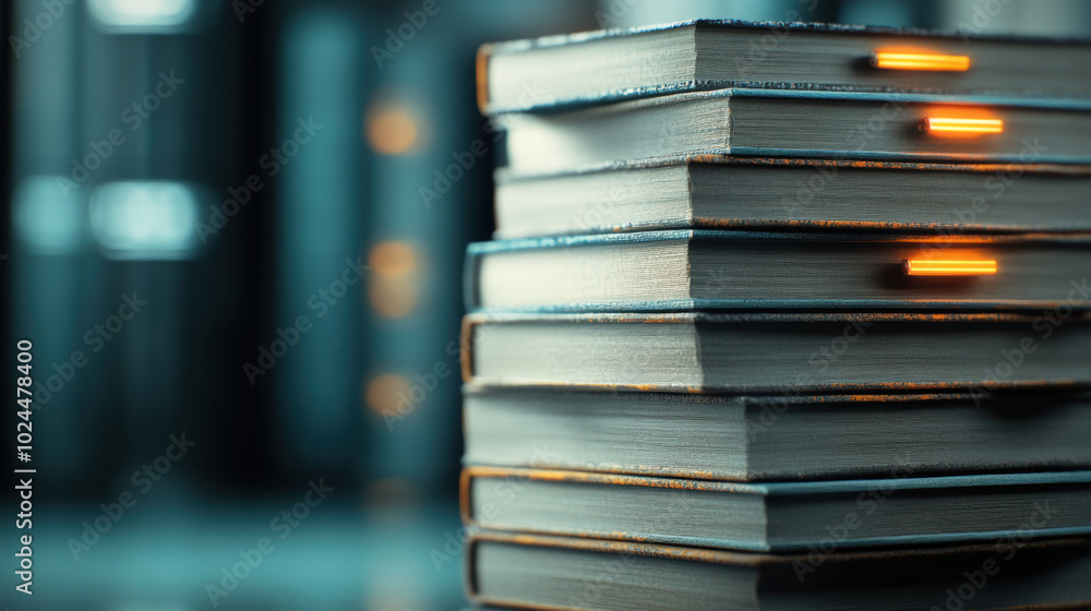 Poster stack of worn out textbooks with glowing bookmarks, creating captivating atmosphere for study and le