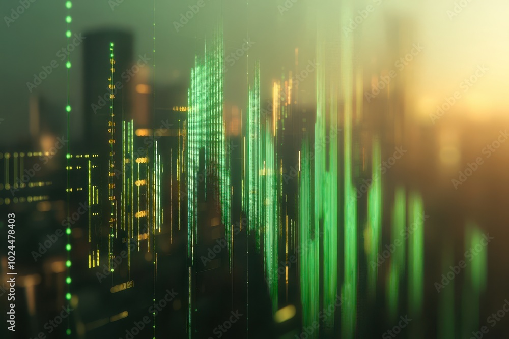 Poster a series of green bar graphs and line charts rise and fall in a digital, abstract representation of 