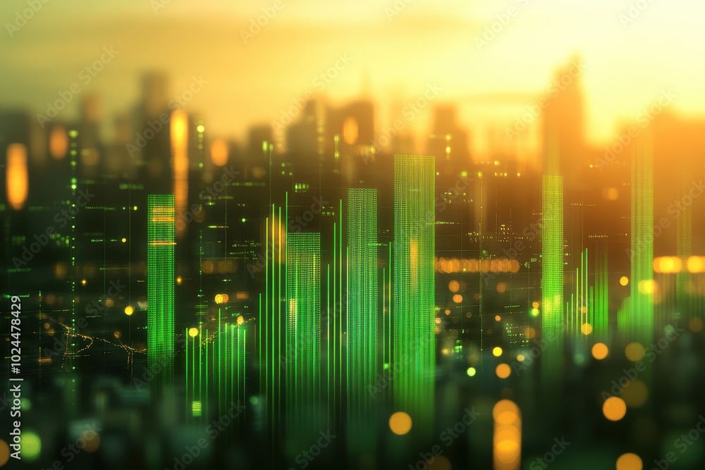 Aufkleber a series of green bar graphs and line charts rise and fall in a digital, abstract representation of 