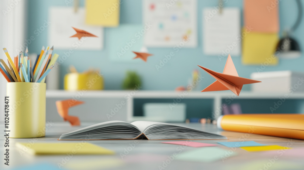 Poster open book sits on desk surrounded by colorful sticky notes and paper airplanes, creating vibrant and