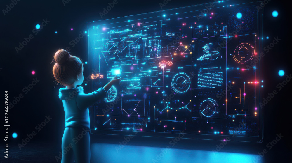 Poster child interacts with futuristic holographic display, highlighting virtual lessons and data visualiza