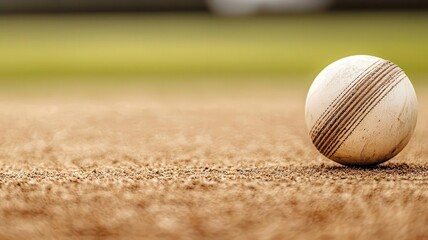 A close-up of a cricket ball resting on a sandy pitch, showcasing its detailed stitching and the natural textures of the surface.