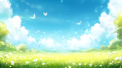 Obraz premium Idyllic landscape, birds in flight over field of white flowers and verdant grass