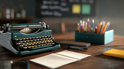 vintage typewriter sits on wooden desk beside notepad and colorful stationery, evoking sense of nostalgia and creativity in modern school environment