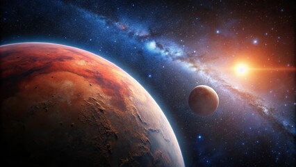 Obraz premium Macro dark starry sky with red planet on horizon