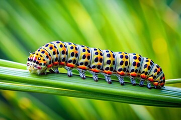 Fototapeta premium Raupe perched on a grass blade embodies nature's finest details, capturing the delicate intricacies of life through photography in stunning clarity and vivid colors.