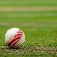 A close-up of a cricket ball resting on a grassy field, showcasing its distinctive red stitching against the green background.