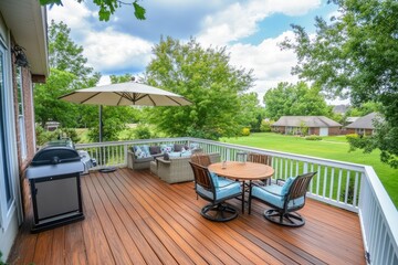 Obraz premium A simple and charming wooden deck attached to a suburban house, featuring outdoor furniture