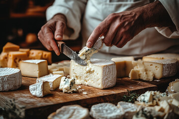 Cheese maker slicing cheese wheel for presentation on wooden board