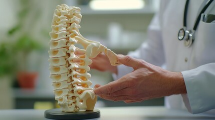 Fototapeta premium A doctor demonstrating a human spine model during a medical consultation in a clinical setting.