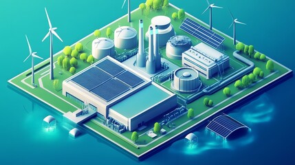 An isometric illustration of a futuristic green energy plant with wind turbines and solar panels surrounded by trees.