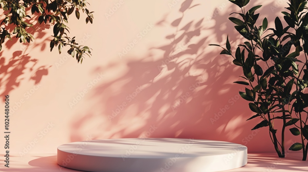 Poster a minimalist setting with a circular platform surrounded by greenery against a soft pink background 