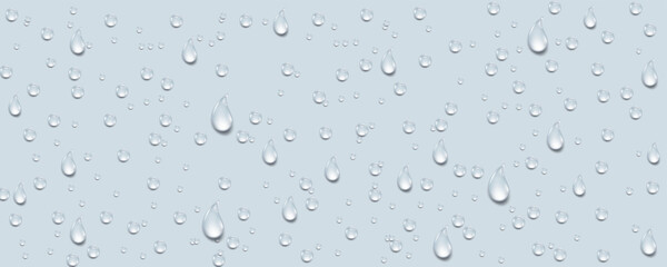 Rain transparent drops flow down the glass.Realistic wet condensation texture.Fresh water splash effect on the surface.Liquid spreading droplet shapes.