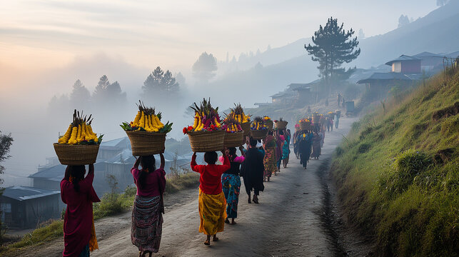 morning of Wangala Festival, people prepare themselves in Garo village for rituals, young women carry offerings on their heads, Ai generated images