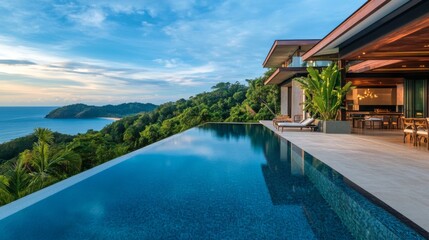 Obraz premium Modern Villa with Infinity Pool Overlooking Coastal Landscape