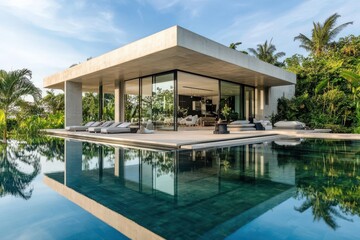 Fototapeta premium A sleek, minimalist modern villa with geometric shapes, featuring large glass windows