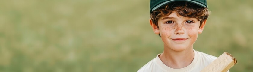 A cheerful boy wearing a cap holds a baseball bat, outdoors, with a soft-focus green background, capturing a moment of youthful enthusiasm.