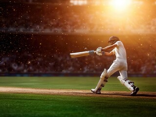 A dynamic cricket player swings a bat under golden sunlight, capturing the excitement of the game on a grassy field.