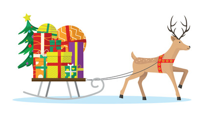 A Christmas deer pulls a sleigh with gifts and a Christmas tree.