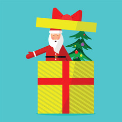 Santa Claus jumps out of a gift box with a Christmas greeting.