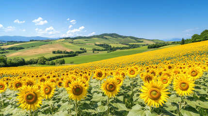 Obraz premium Sunflower fields under a clear blue sky.