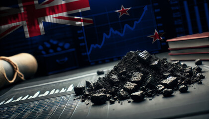 Coal pieces on a table with financial graphs, symbolizing the New Zealand coal industry, energy markets, and the intersection of natural resources and economic growth