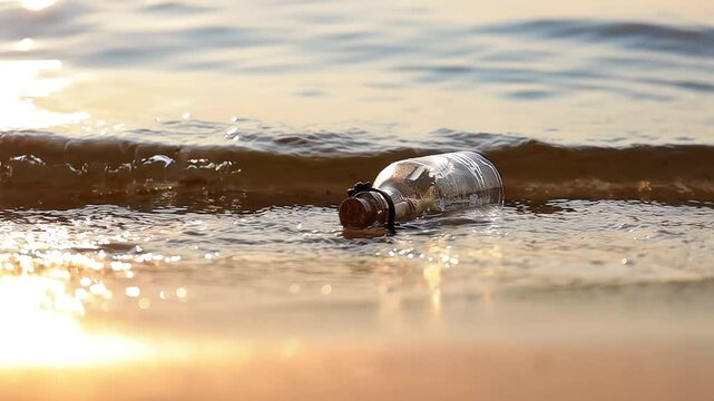 Message in the bottle against the Sun setting down
