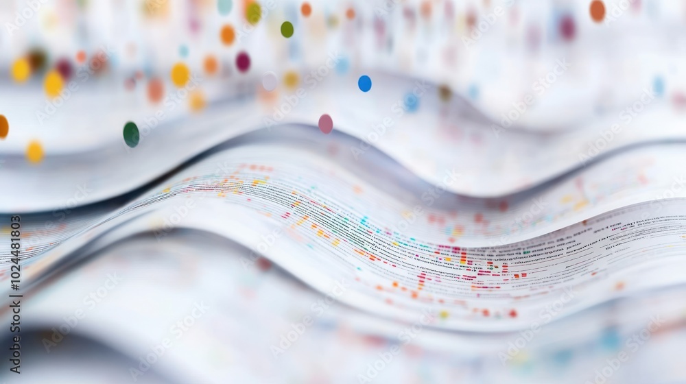 Poster abstract representation of data visualization with flowing lines and colorful dots.