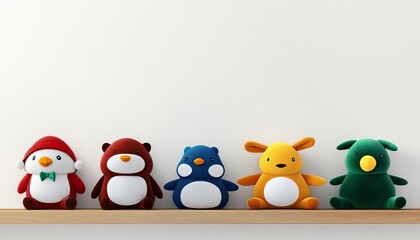 Obraz premium Colorful plush toys displayed on a shelf against a minimalist background.