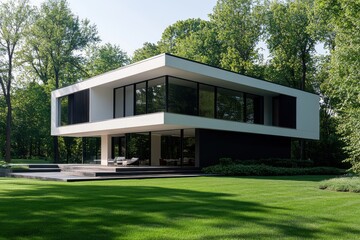 A sleek, two-story house with a flat roof, dominated by white and black exterior finishes