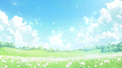 Serene meadow, a captivating vista of white wildflowers adorning verdant field