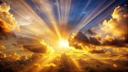 Macro golden clouds parting with radiant sunbeams evoking serenity and spiritual enlightenment