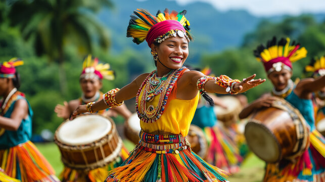 atmosphere of Wangala Festival in Garo village, dancers wearing brightly colored traditional clothes with headbands and jewelry, Ai generated images