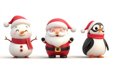 Snowman santa claus and penguin celebrating christmas together