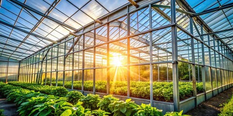Fototapeta premium Macro greenhouse interior with sunlight filtering through plants