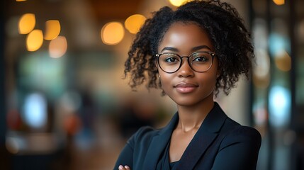 Fototapeta premium Portrait of a young African American woman standing in an office center wearing a suit and glasses, crossing her arms over her chest and looking confidently at the camera 