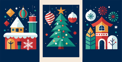 Festive christmas and new year poster collection featuring houses, ornaments, and tree designs