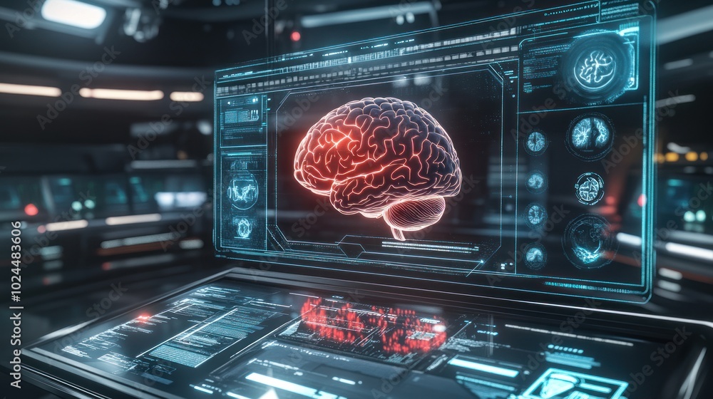 Poster a futuristic interface displaying a digital brain model for analysis and research.