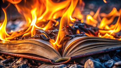 Macro image of a fiery burning book with ashy pages and embers