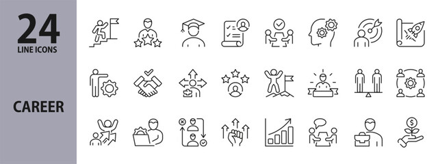 Career line icons set with Success, Growth, Work, Goals, Motivation, Achievements. Editable Stroke