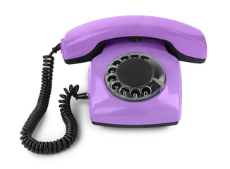 Old violet telephone with rotary dial isolated on white