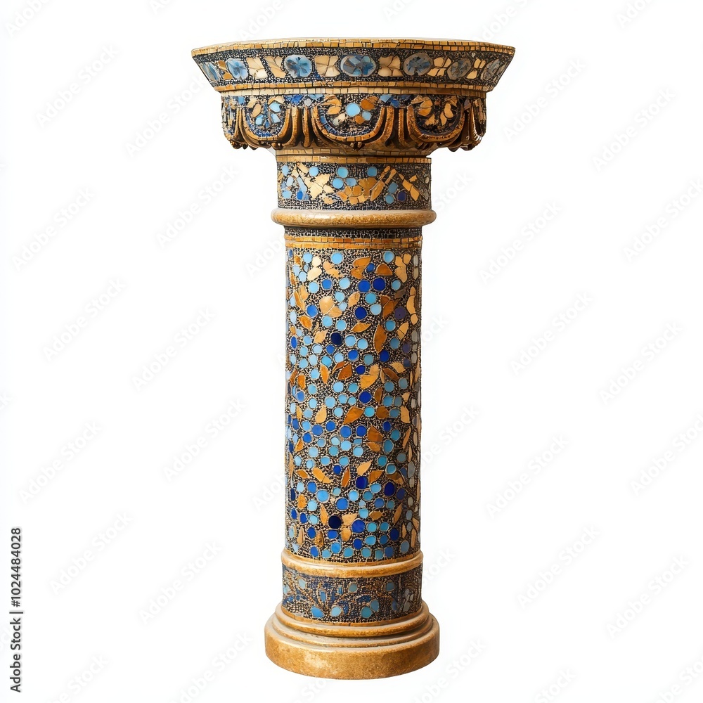 Poster decorative column with intricate mosaic patterns in blue and gold.