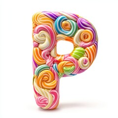 Colorful, swirled letter 'P' made of candy-like material, vibrant and playful in design.