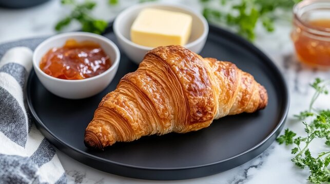Un croissant servido con mantequilla y mermelada de naranja, presentado en un plato oscuro sobre una superficie de m&aacute;rmol.


